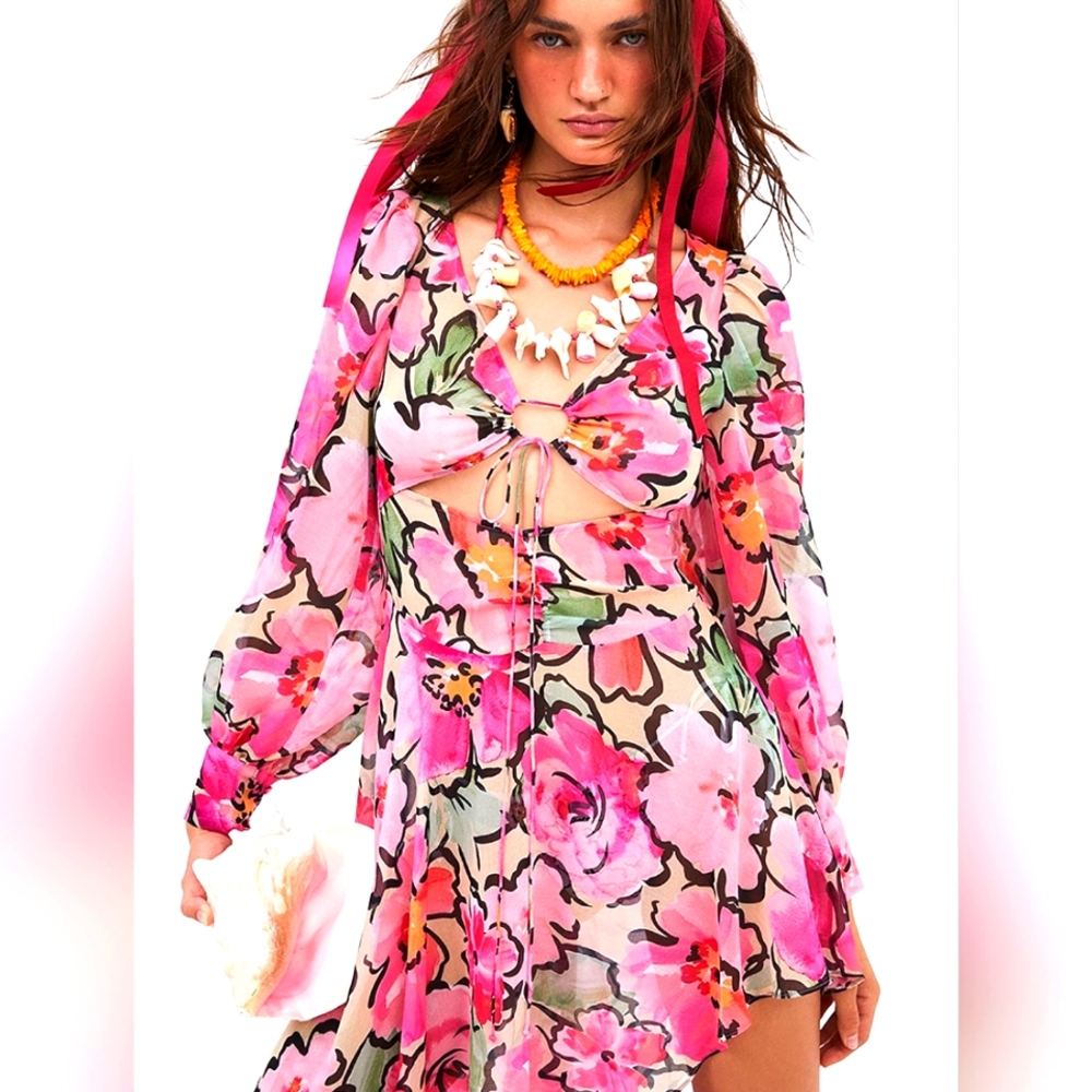 For Love & Lemons Tiana Printed Flowy Ruffles Sheer Tie Front Midi Dress sz M